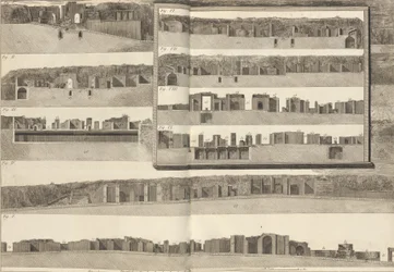 Tvärsnitt, som visar de olika aspekterna av byggnaderna som visas i planen för Pom..., 1804.