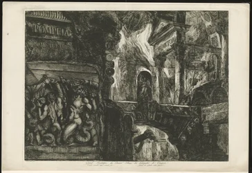 Titelprent sätter tempel i byggfragmenten Pompeia Tome Premier (titel på objekt) Stor frontispice av den första volymen av Pompeïas antikviteter / Templet bränt en andra gång / Jättarnas krig mot Jupiter (titel på objektet)