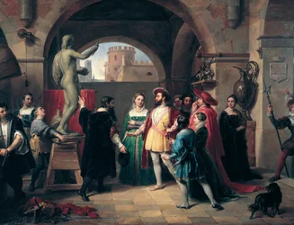 Kung Frans I av Frankrike (1494-1547) besöker Benvenuto Cellinis (1500-1571) verkstad i Rom. Målaren visar kungen en skulptur av evangelisten Johannes. Anonym målning. Rom, Galleria Nazionale d