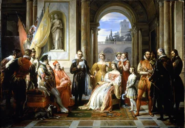 Torquato Tasso (Le Muche) läser sitt Jerusalem delivree (Det befriade Jerusalem) vid hovet i Ferrara. Målning av Francesco Podesti (1800-1895)
