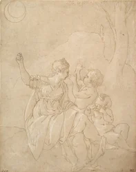 Klassisk kvinnlig figur Diana eller Venus med två spädbarn, ca. 1539-42.
