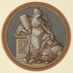 Allegory of Fortitude (penna och brunt bläck med grå och brun lav, upphöjt med vit gouache, över svart krita)