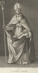 Den helige Andrea Corsini klädd som biskop av Fiesole, höll ett korsbord och tittade ..., ca. 1780-1841.