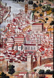 Pianta della Catena: Detalj av en karta över Florens som kallas ”Catena” på grund av kartans kedjeformade ram. Utförd av Francesco di Lorenzo Rosselli (1448-1513) år 1490. Florens, Museo Firenze com