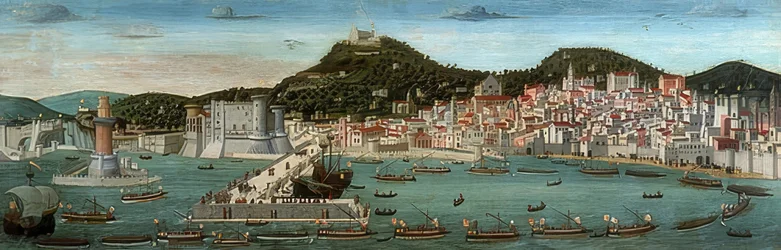 Tavola Strozzi. Utsikt över Neapel, den aragonesiska flottan seglar in i hamnen den 12 juli 1465