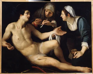 Saint Sebastian (Saint Sebastian). Han vårdas från sina sår av en ung änka, Saint Irene. Målning av Francesco Rustici (cirka 1575-1626). Olja på duk, 119 x 148 cm. Konst från Siena, italiensk manérism. Statens konstmuseum, Jekaterinburg.