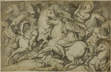 Skärmytsling med kavalleri (recto); knästående ekorché (verso)