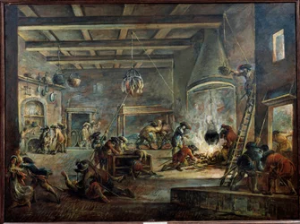 Plundrar en gård. Målning av Francesco Simonini (1686-1753) utförd efter Jacques Callot