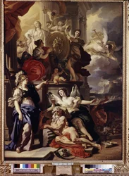 Allegori över regeringstiden. Medaljongen i mitten föreställer ansiktet på drottning Katarina II av Ryssland (1729-1796). Målning av Francesco Solimena (1657-1747). Olja på duk