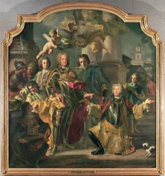 Gundaker greve Althann överlämnar till kejsar Karl VI (Karl III av Ungern) (1685-1740) inventeringen av den kejserliga bildsamlingen i Stallburg (1685-1740) kejsarcheferna och