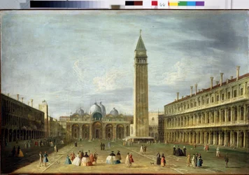 Markusplatsen (San Marco) (eller Piazzetta) i Venedig med Markuskyrkan och Campanile. (Markusplatsen i Venedig). Målning av Francesco Tironi (1745-1797). Olja på duk, 72 x 109 cm. Venetiansk konst från 1700-talet. Statens museum Ark