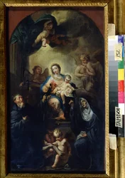 Jungfrun och barnet med heliga (Madonna och barnet med heliga). Målning av Francesco Trevisani (1656-1746). Olja på duk, 61,5 x 35,5 cm. Venetiansk skola, italiensk barockkonst. Regionalt konstgalleri, Tambov (Ryssland).
