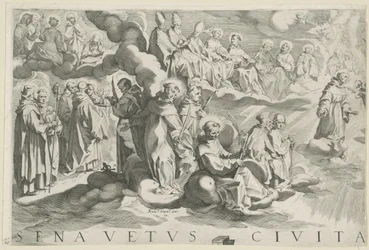 Karta över Siena (överst till vänster) Senavetus civitas virginis (titel på objekt)