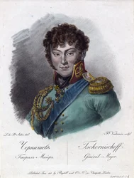 Porträtt av greve Alexander Ivanovich Chernyshov (Prins Alexandre Ivanovitch Tchernychev ou Tchernychiov ou Czernichev) (1786-1857) - Vendramini, Francesco (1780-1856) - 1813 - Etsning, akvarell - 22,2x18,