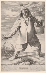 Geminiano Caldarostaro gråter och håller ett badkar, med en hatt med tofs, ca. 1597-1601.