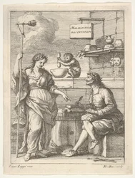 En apa som arbetar med mortel och mortelstöt, nedanför Lorenzo Lippi skriver sin humoristiska ..., ca. 1710-64.
