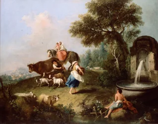 Landskap med en fontän, figurer och djur