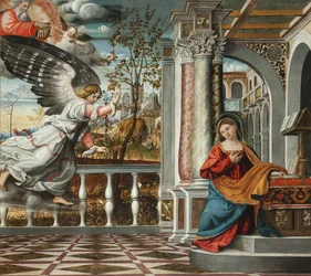 Bebådelsen av Francesco da Milano (aktiv 1502-1548). Fresco,, katedralen i Serravalle, Vittorio Veneto
