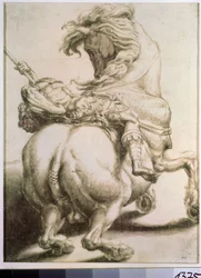 Ryttare genomborrad av ett spjut. Teckning av Francesco de Rossi (1510-1563). Grisaille på papper, 20 x 15 cm