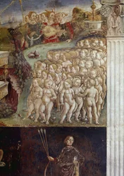 Allegori om maj månad, detalj om Apollons triumf, nakna barn och nio muser detaljer fresk av Francesco del Cossa (ca.1436-cirka 1478) Ferrara (Ferrara) Palazzo Schifanoia, Salone dei Mesi