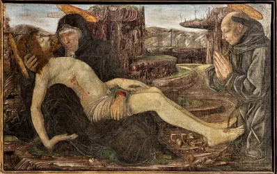 Klagoång med klienten visad som St. Franciskus, av Francesco del Cossa