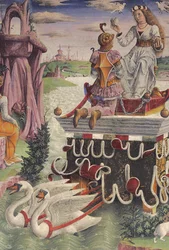 Venus triumf och Oxens tecken, scener från april månad, östra väggen, Månadernas hall, Palazzo Schifanoia (Glädjepalatset), Ferrara, Emilia-Romagna, Italien, ca 1470 (fresk) (detalj av 763493)