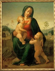 Madonna och barnet med Johannes Döparen (målning på trä)