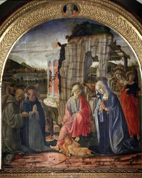 Nativity med St Bernard och St thomas Aquinas - Målning