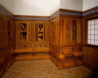 Studiolo från Ducal Palace i Gubbio, ca 1478-82 (valnöt, bok, rosenträ, ek och fruktträ i valnötsbas)