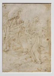 Ung man i klipplandskap, ca 1475-80 (penna samt svart och brunt bläck, med spår av metallspets på pergament)