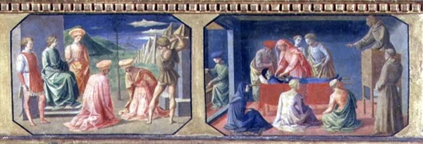 (LtoR) SS Martyrskap. Cosmas och Damian, den helige Antonius av Padua som hittar snålen hjärta; två paneler av predellan av Madonnan och barnet på tronen av Filippo Lippi (ca 1406-69) (tempera på panna