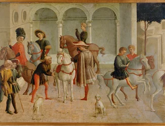 Kavaljerer i rättssalen hos Gualtieri di Saluzzo (tempera på trä)