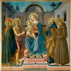Jungfrun med barnet mellan Saint Zenobia, Saint John the Baptist, Saint Anthony Abbe och Saint Francis ...