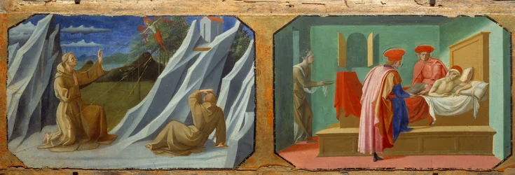 Saint Francois av Assisi tar emot stigmas, Saint Cosimo (Kom eller Cosimo) och Saint Damien tar hand om en sjuk Målningar på trä av Francesco di Stefano dit Pesellino (ca 1422-1457) 1400-talet sön. 0,32x0,94 m