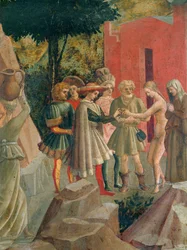 Saluzzo kommer för att hämta sin blivande brud från hennes föräldrar (tempera på trä)