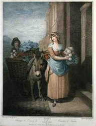 "Rovor och morötter Ho", skylt 13 av "The Cries of London", graverad av Thomas Gaugain (1748-1812), pub. av Colnaghi & Co.