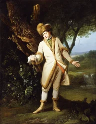 Porträtt av skådespelaren, William Powell (1735-1769), som "Postum" i Cymbeline Act V, Scene I