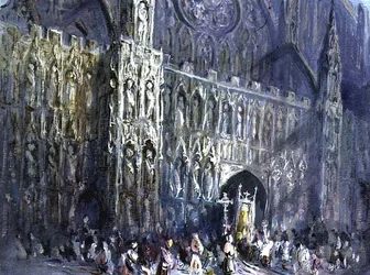 Västfronten av Exeter Cathedral, med en religiös procession i förgrunden