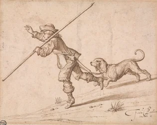 Man som jagar med en spetsig stav och en hund