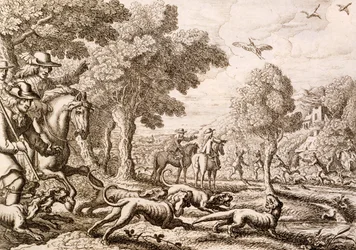 Utterjakt vid en flod, graverad av Wenceslaus Hollar, 1671