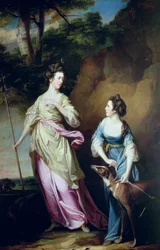 Lady Stanhope och grevinnan av Effingham som Diana och hennes följeslagare