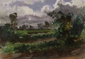 En utsikt över konstnärens trädgård från hans hus i Exmouth, Devonshire (olja på papper monterad på kartong)