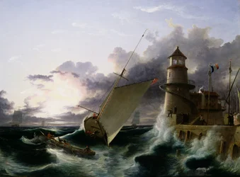 Båt vid en fyr, en storm går av (olja på duk)