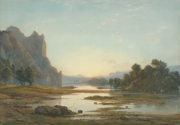 Solnedgång över ett flodlandskap