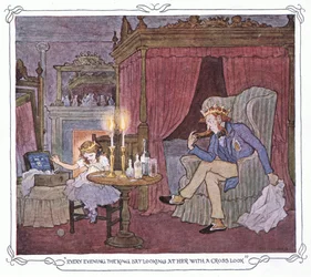 Varje kväll satt kungen och tittade snett på henne, ur The Magic Fishbone pub.by Warne  Co, ca 1940 (färglitografi)