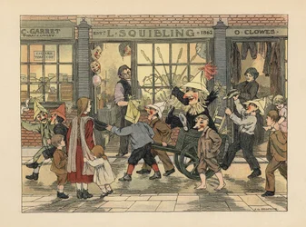 Fyrverkeributik - Viktorianska barn drar en Guy i en vagn på Guy Fawkes-natten framför L. Squiblings fyrverkeributik. Kromolitografi efter en illustration av Francis Donkin Bedford från Edward Verrall Lucas