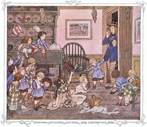 "Snipping, stitching, cutting and contriving, Papa", från The Magic Fishbone, pub. av Warne  Co, ca 1940 (färglitografi)