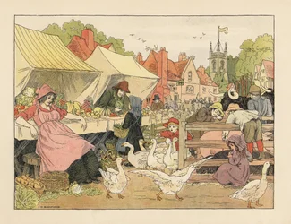 Viktorianska barn som köper grönsaker, jagar gäss och petar på grisar på en bymarknad. Kromolitografi efter en illustration av Francis Donkin Bedford från Edward Verrall Lucas