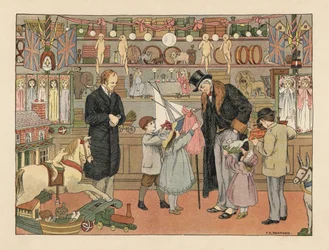 Viktorianska barn väljer leksaker med sin farbror i en leksaksaffär. Kromolitografi efter en illustration av Francis Donkin Bedford från Edward Verrall Lucas