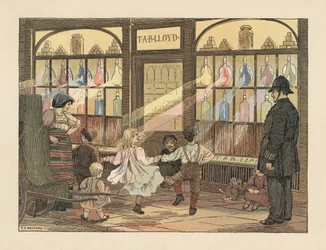 Viktorianska barn dansar framför en apoteksbutik medan en polisman tittar på. Kromolitografi efter en illustration av Francis Donkin Bedford från Edward Verrall Lucas